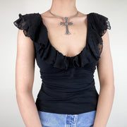 Slim Fit Ruffle‑Trim Short Sleeve Top – Chic Black T‑Shirt