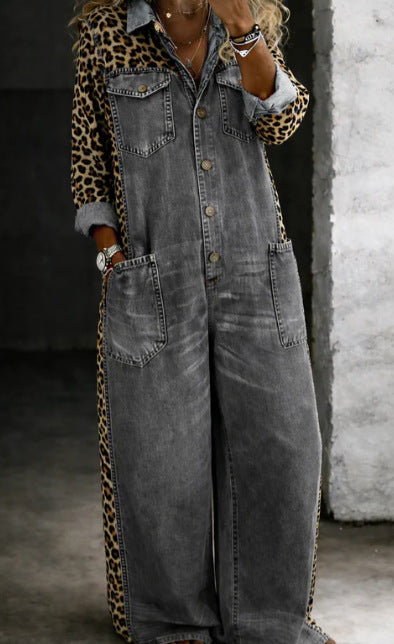 Chic Printed Long-Sleeve Lapel Jumpsuit