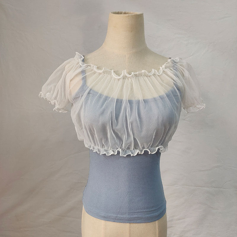 Women's Sheer Sweet Puff-sleeve Off-shoulder Base Top