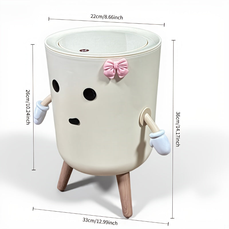 Large Capacity Lidded Trash Can with Cute Expression – Waterproof PP Cylinder