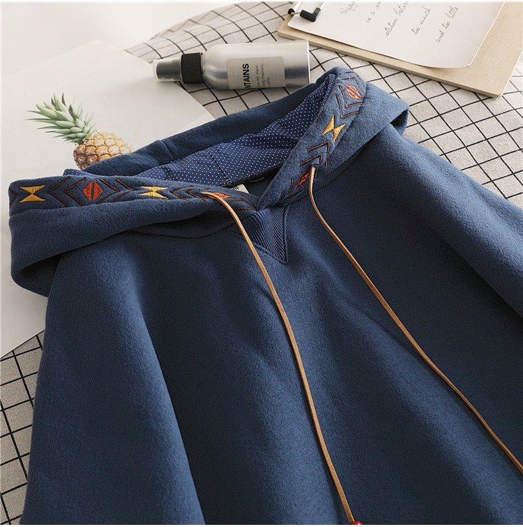 Korean Style Geometric Embroidered Loose Hoodie