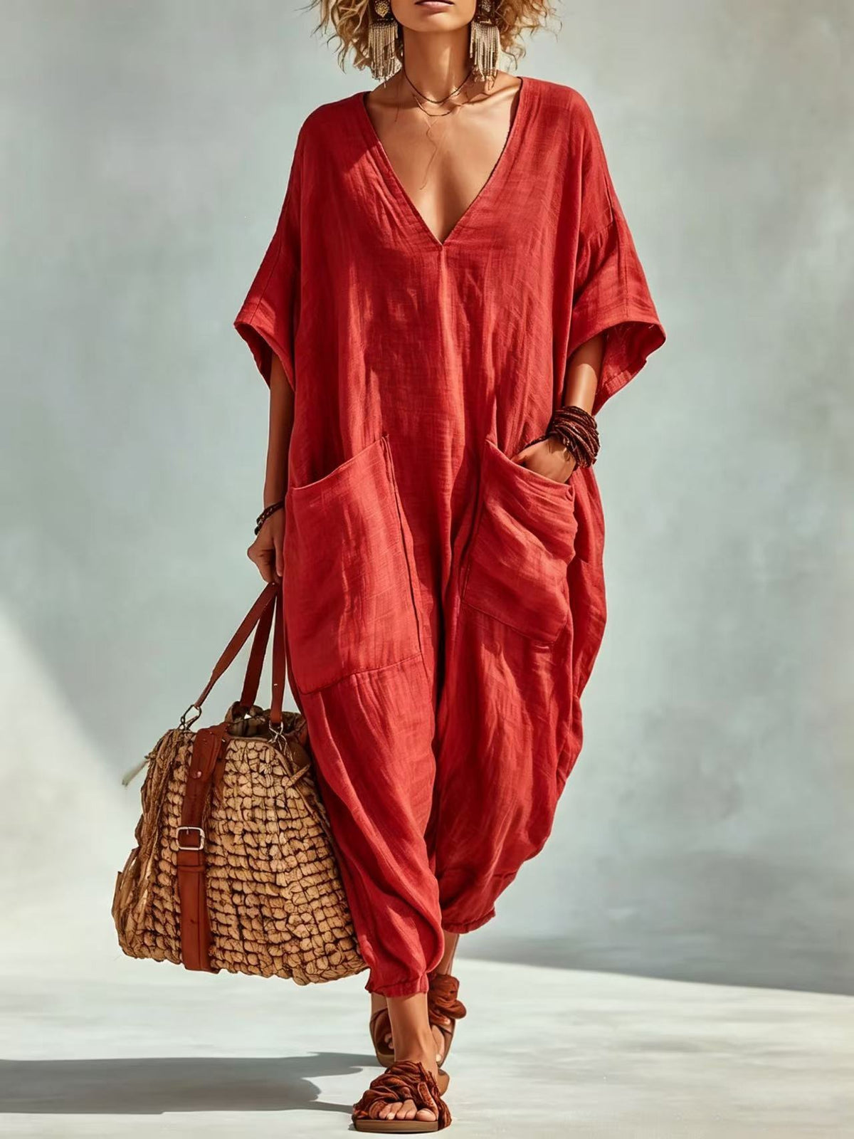 Women's Linen-Blend V-Neck Pocket Jumpsuit