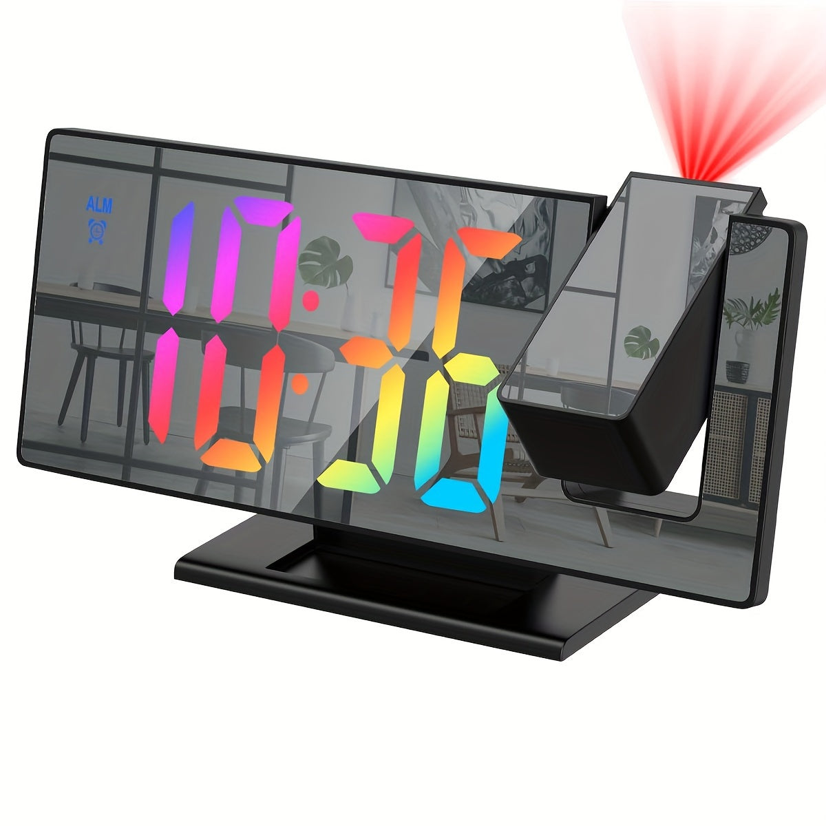 Digital alarm clock with large LED mirror screen and temperature display