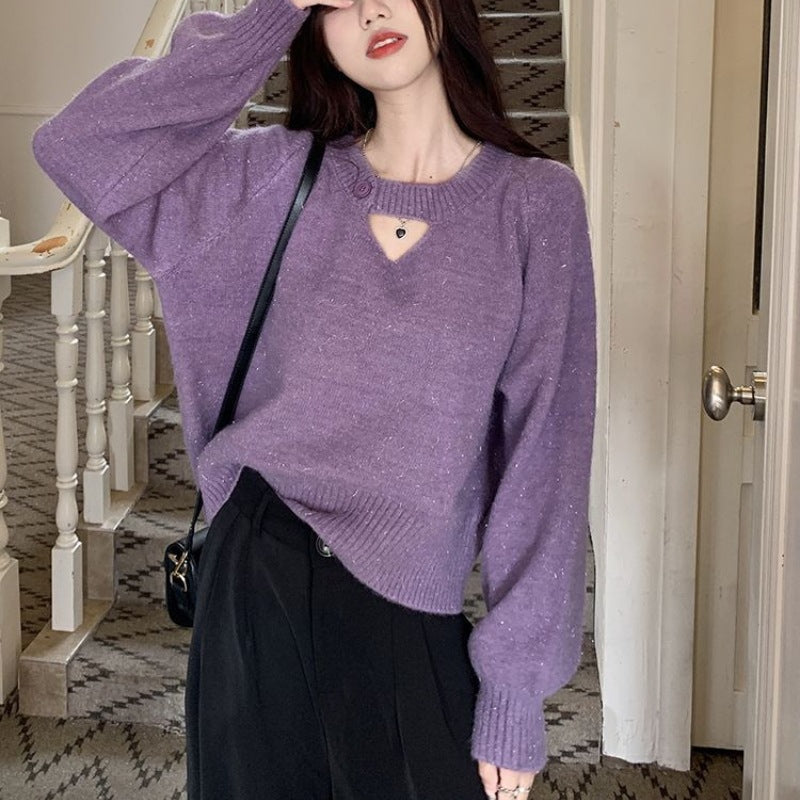 Knitted Sweater Women's Autumnwinter Korean-style Loose-fit Slimming Top with Exposed Collarbones and Long Sleeves