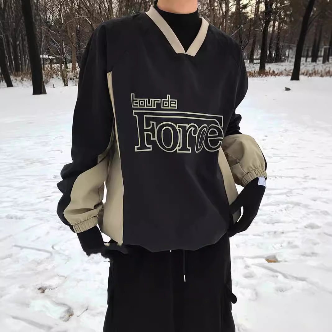 Retro Contrast V-Neck Long Sleeve Korean Pullover