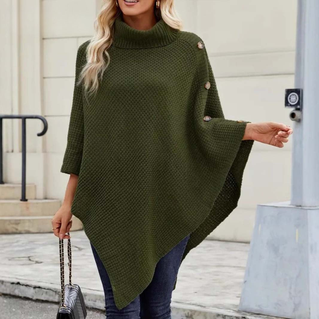 Turtleneck Irregular Loose Casual Button Cape Style Plus Size Women's Sweater