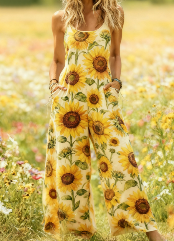 Women's American Retro Print Strappy Wide-Leg Jumpsuit