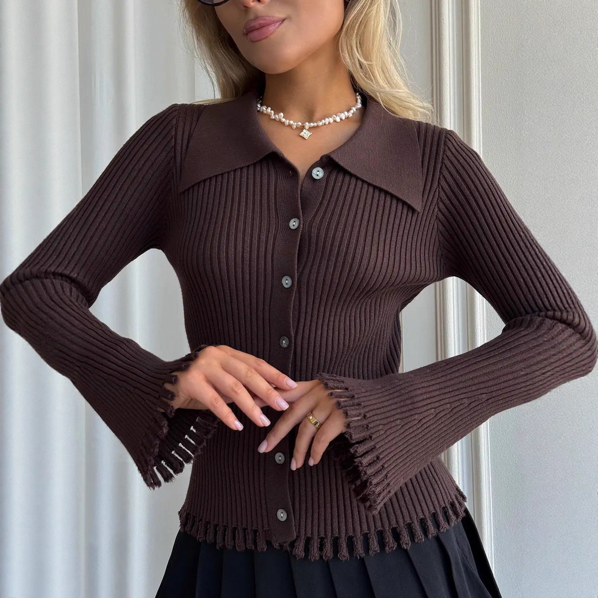 Button-front Long-sleeve Fringed Knit Sweater for Women