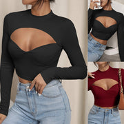 Sexy Hollow-Out High-Neck Long-Sleeve Top