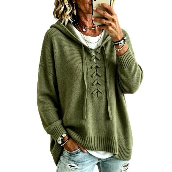 Strap-crossed V-neck Hooded Knit Sweater