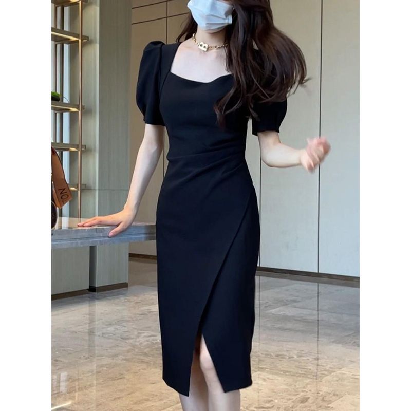 Womens Mid-length Slit Dress with Puffed Sleeves