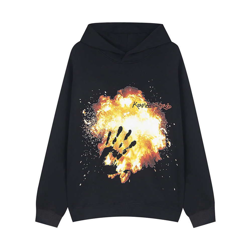 Unisex Flame Print Streetwear Hoodie | Casual Loose Pullover