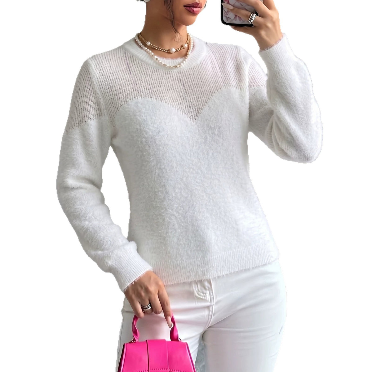 Womens Long-sleeve Knitted Sweater with a Round Neckline and a Full-circle Cutout Design Around the Chest