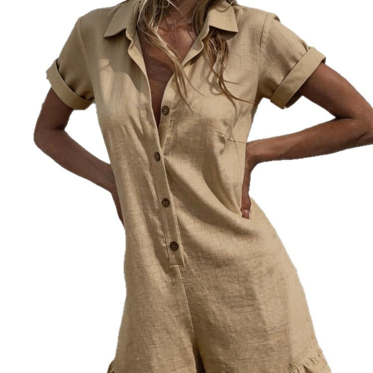 Women's Casual Cotton-Linen Pleated Shirt Jumpsuit