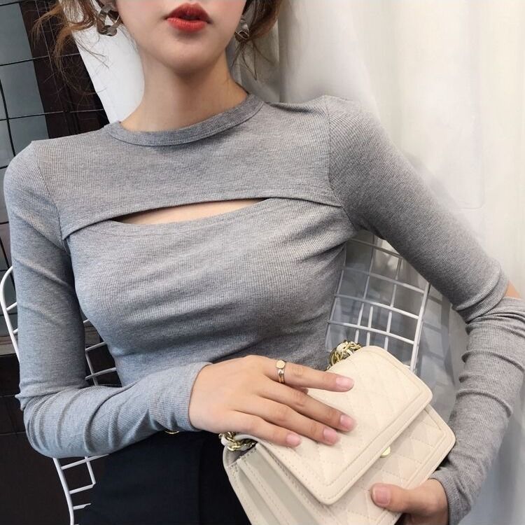 Women's Slim-Fit Cotton V-Neck Long Sleeve Top