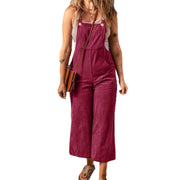 Casual Vacation Overalls With Pockets Solidcolor Corduroy Wide Leg Suspender Pants