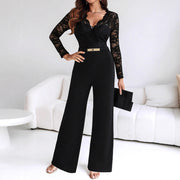 Elegant Long-Sleeve Belted Jumpsuit with Flared Pants