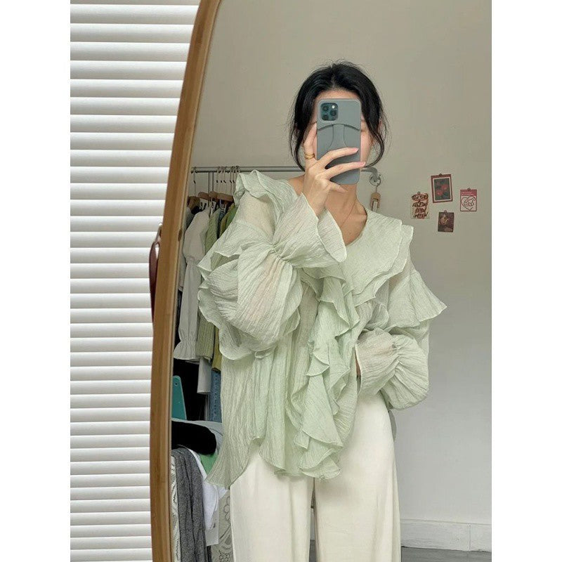 Women's Ruffled V-neck Puff Sleeve Shirt With Fashionable Design