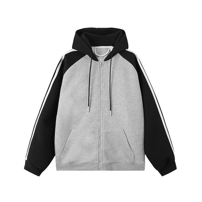 Retro Contrast Color Hooded Zip Sweatshirt