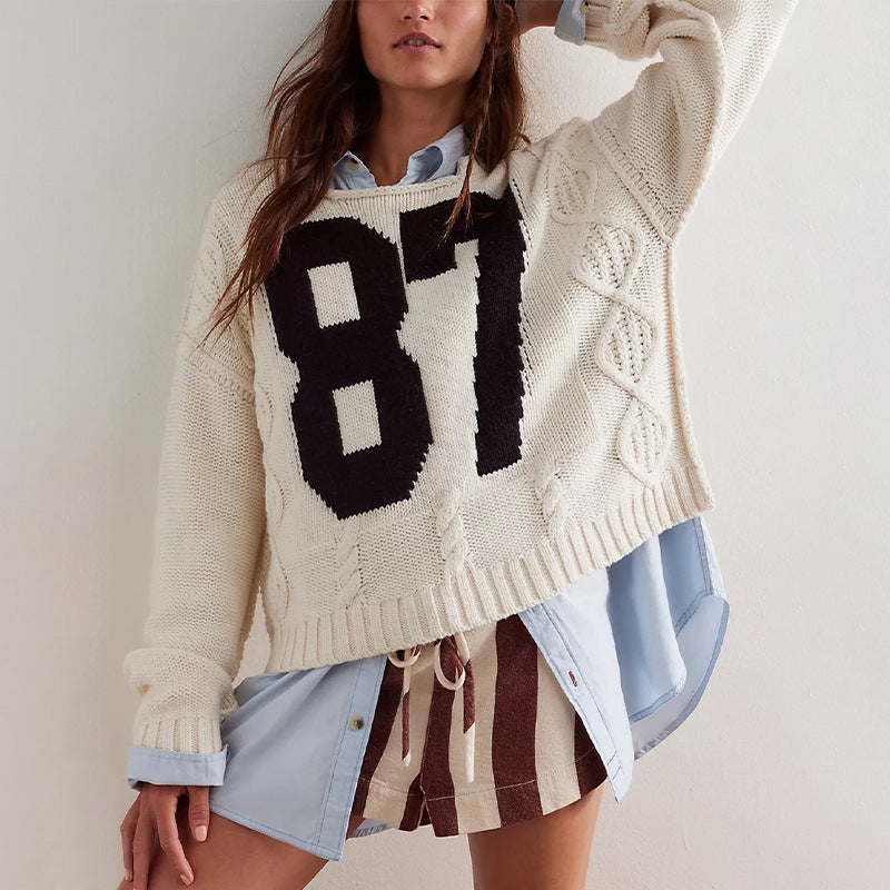 Women's Digital Contrast Color Knitted Pullover Loose-fitting Long Sleeves Sweater