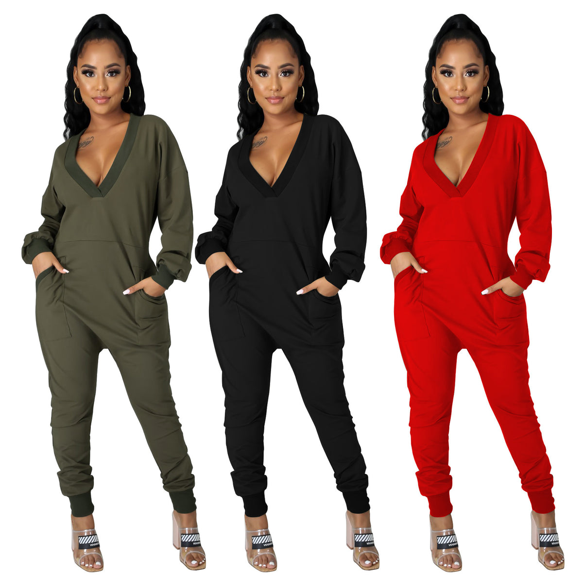 Chic Deep V-Neck Pocket Harem Jumpsuit