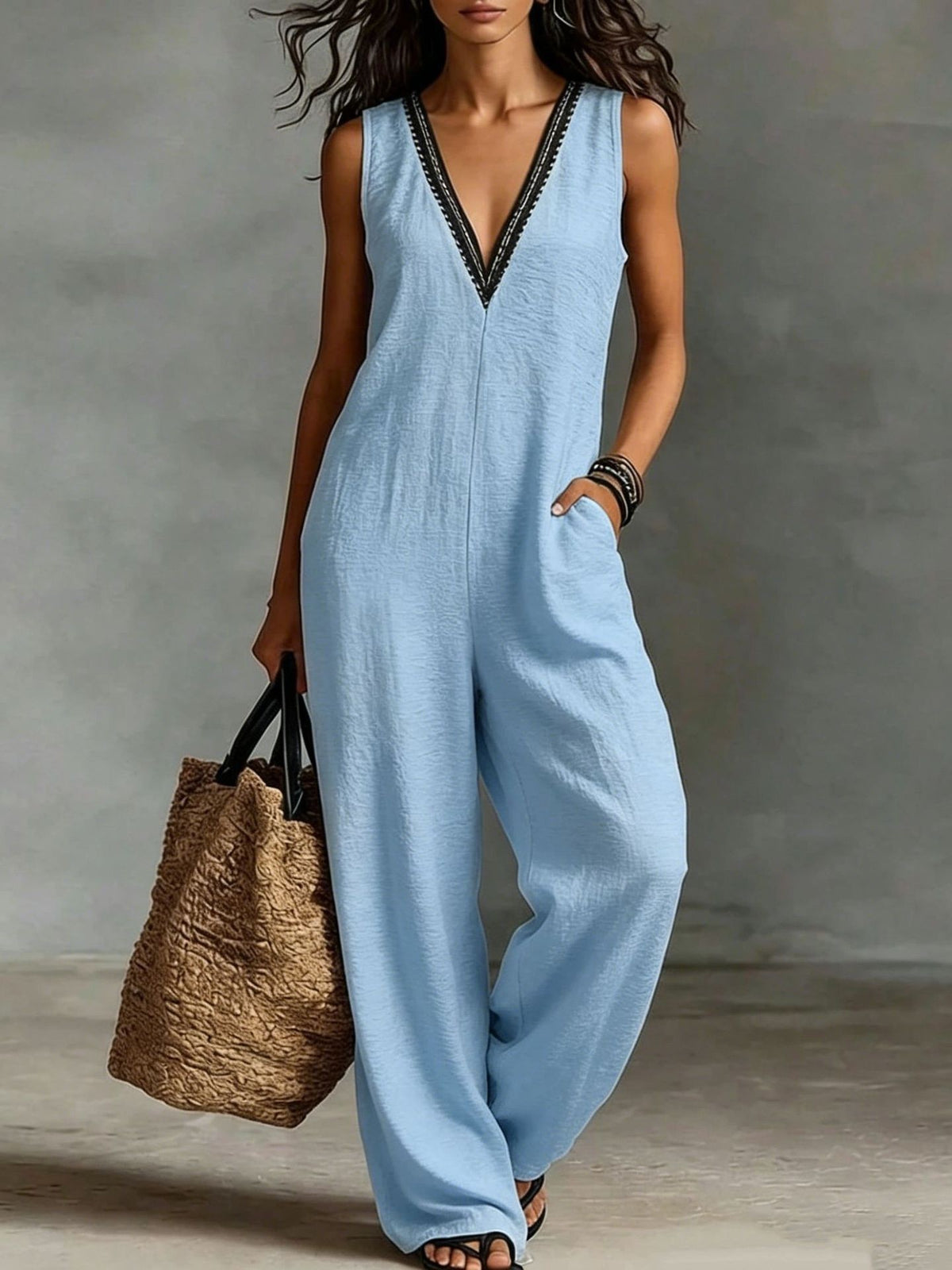 New Womens V-neck Sleeveless Wide-leg Jumpsuit