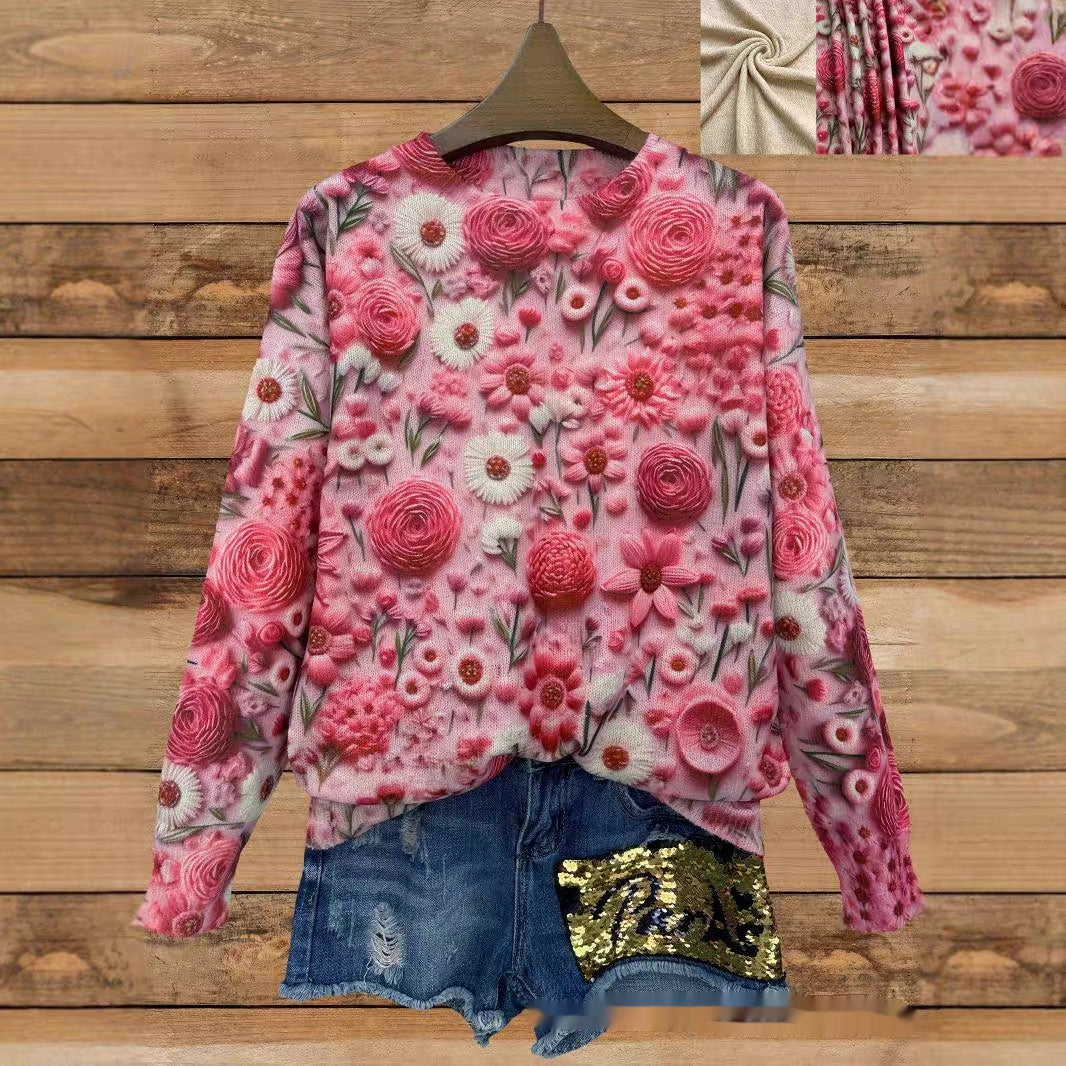 Chic Printed Long Sleeve Knitted Casual Top