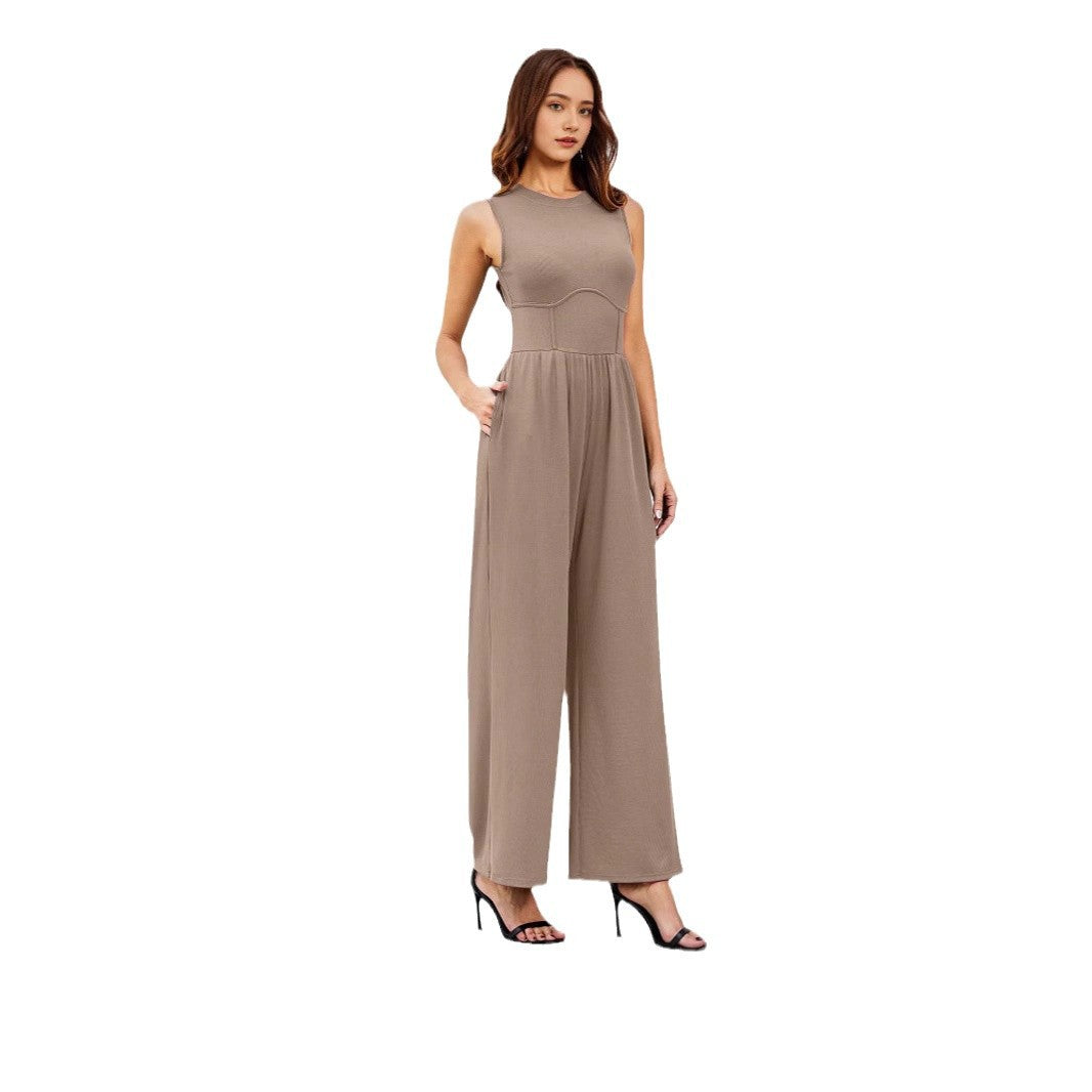 Womens Round-neck Solid-color Sleeveless Slim-fit Long Casual Jumpsuit