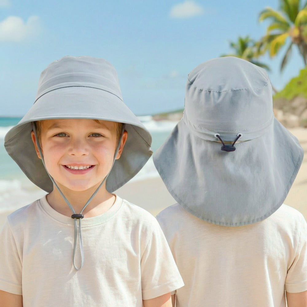 Kids Outdoor Sun Hat with Windproof Rope, Adjustable Drawstring and Ponytail Hole – Nylon Fisherman Style