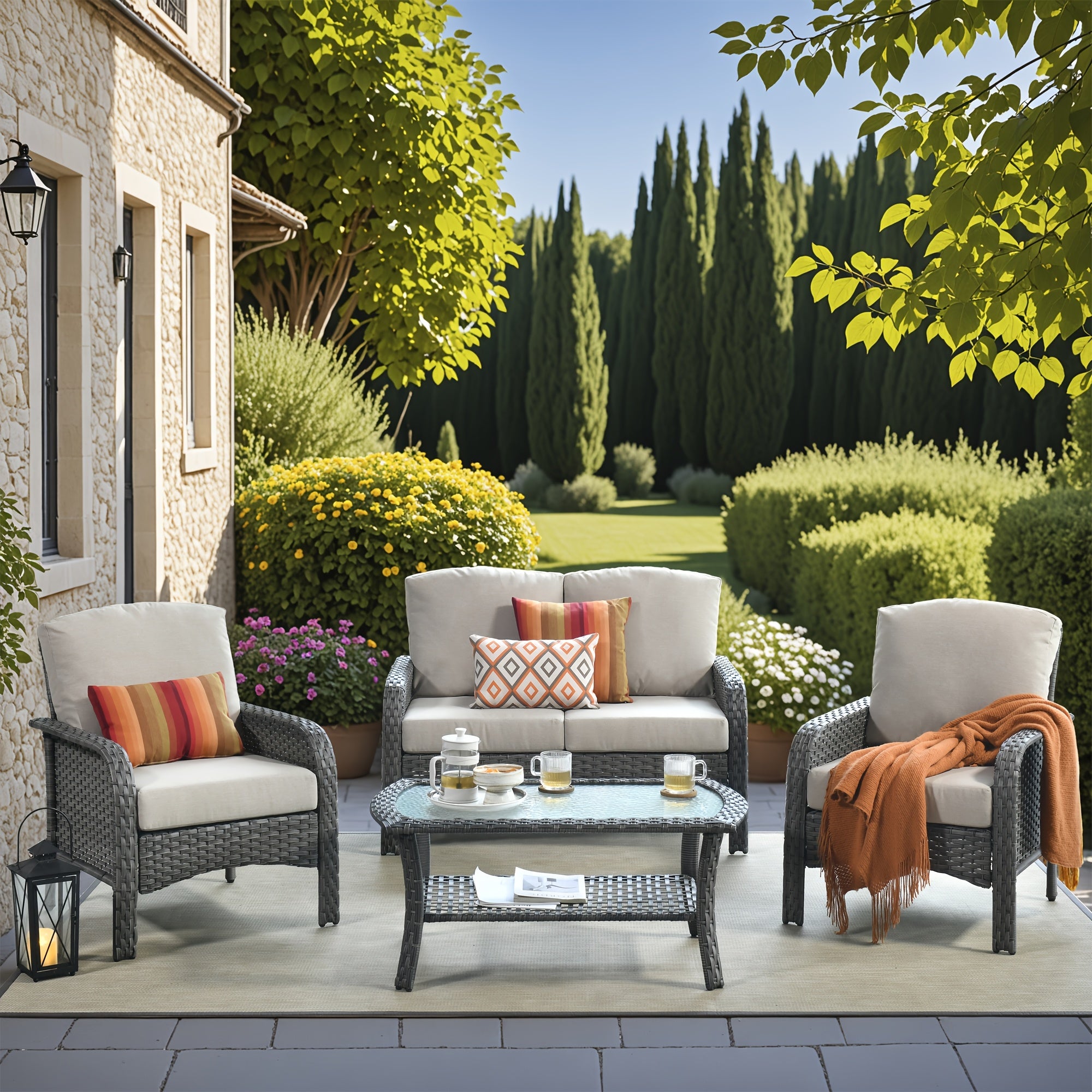 Outdoor Wicker Furniture Collection: Loveseat, Swivel Rocking Chairs, Patio Chairs, Rectangular Table, And Optional Side Table. Made with PE Rattan, Suitable for Patio, Backyard, Pool, Or Garden