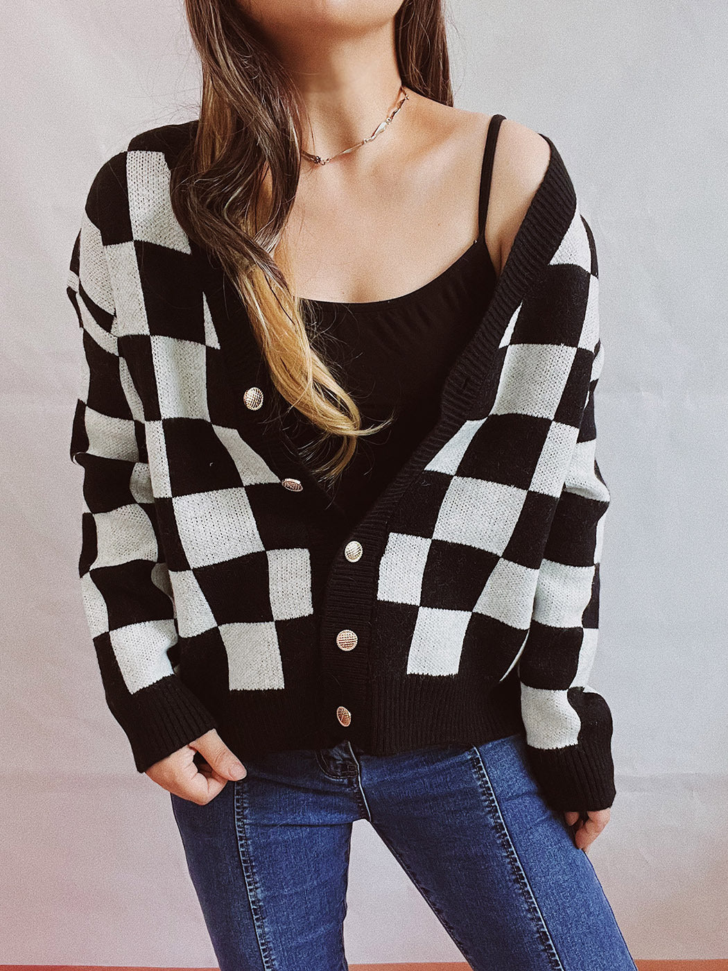 Asian Contrast Color Chessboard Plaid Autumn and Winter Women's Sweater