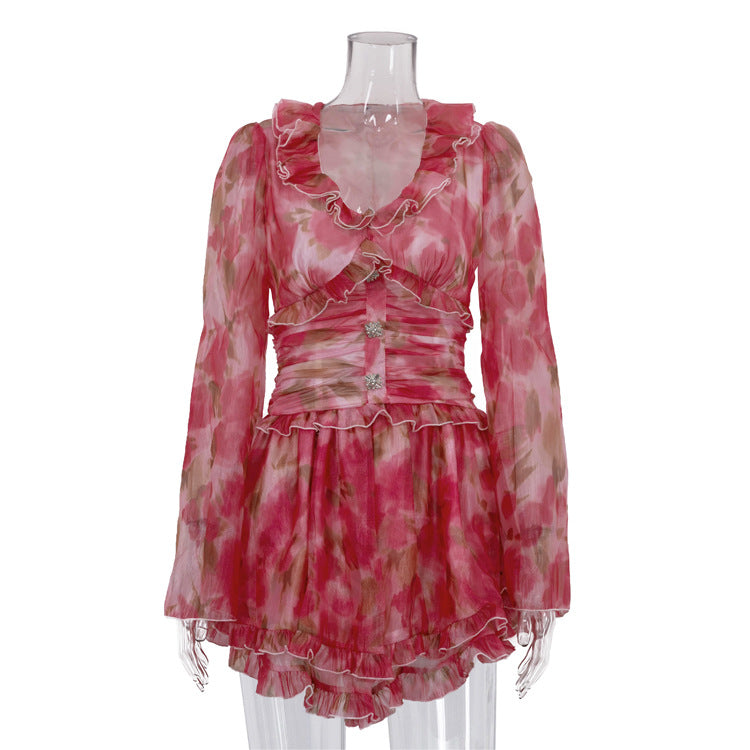 Floral Ruffle Bell-sleeve Mini Dress