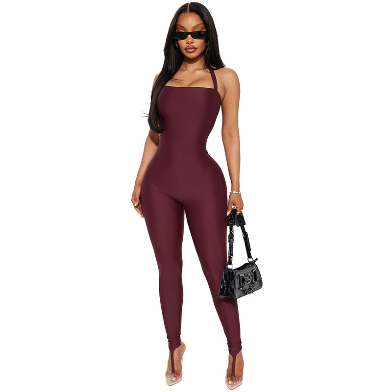 Womens Tight-Fitting Strapped Backless Footed Jumpsuit
