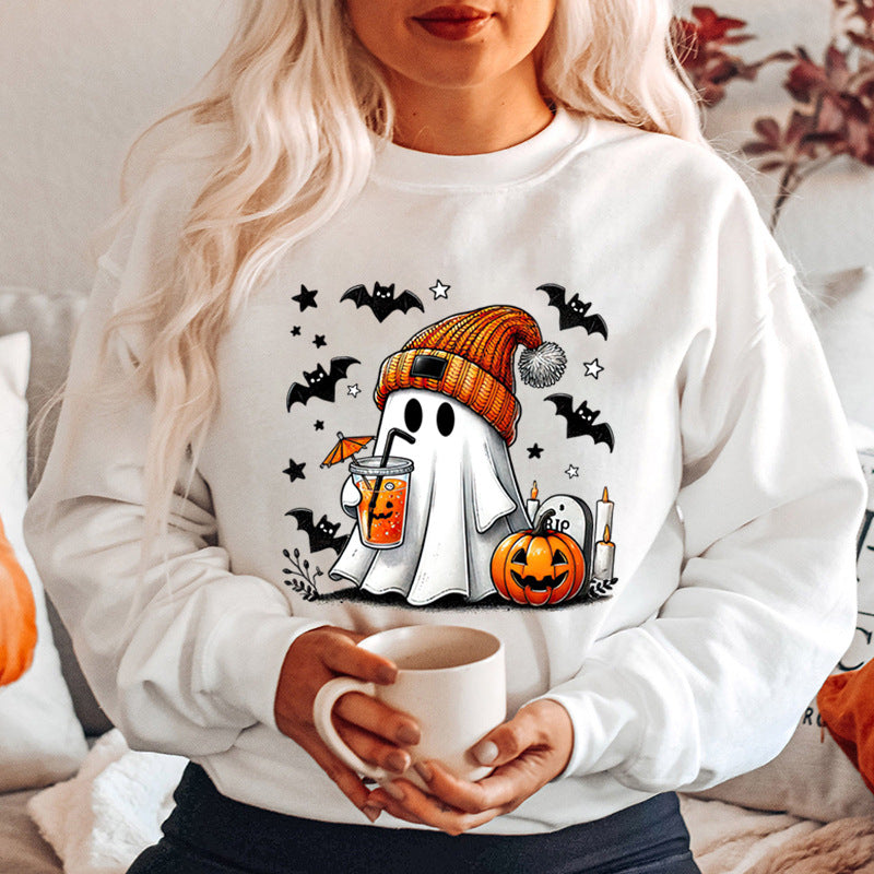 Women's Cute Halloween Ghost & Pumpkin Graphic Sweatshirt