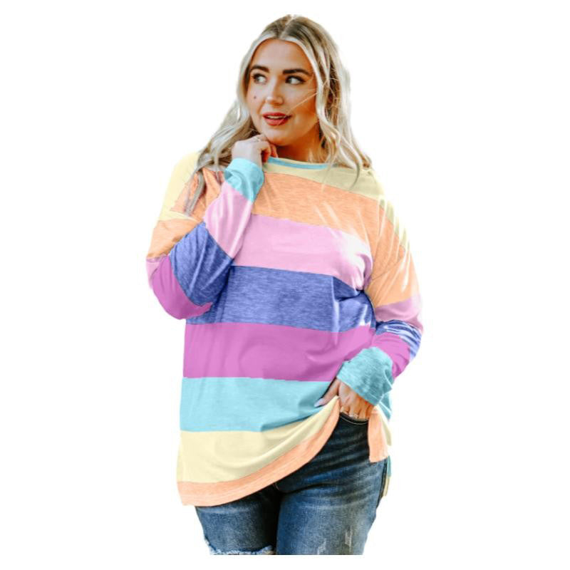 Plus Size Green Color Block Loose Long Sleeve Top