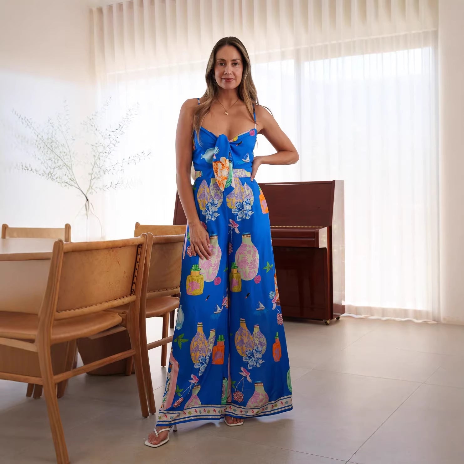 Fashionable V-Neck Suspender Wide-Leg Lace-Up Jumpsuit