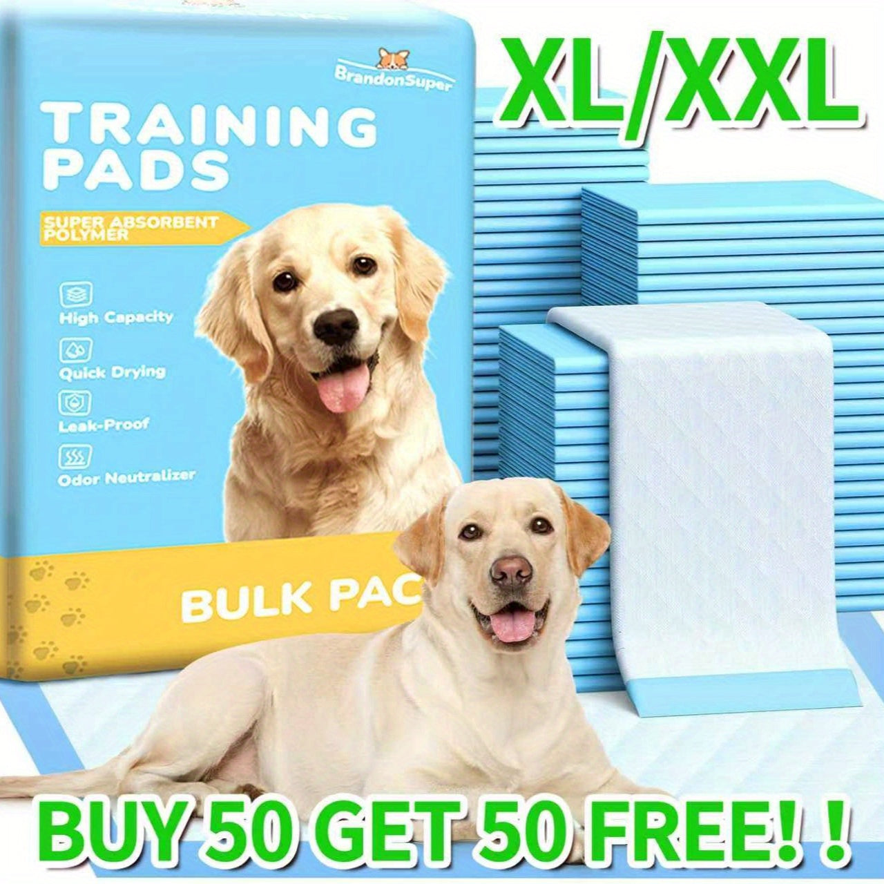 Buy 50 Get 50 Free Thickened High Quality Super Absorbent Dog Pee Pads - XL/XXL Large Size for Medium & Large Dogs, Heavy-Duty Leakproof & Odor Control, Quick-Absorbing, Easy to Clean, Ideal for Cr...