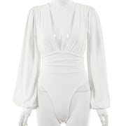 Women's sexy long-sleeved deep V waist pleated temperament bodysuit