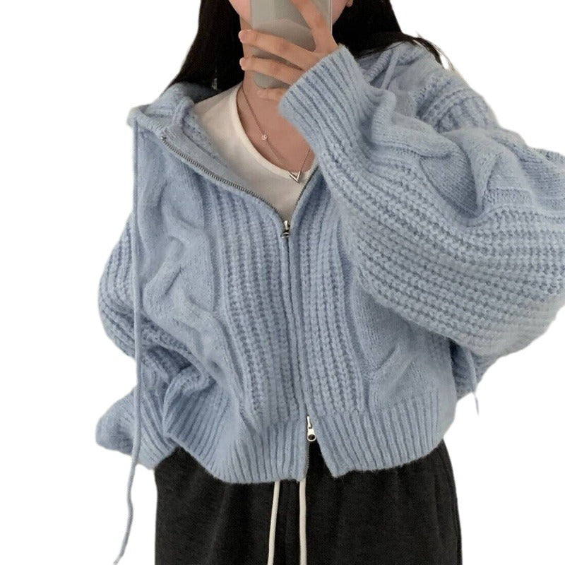 Loose and Idle Twist Hooded Double-headed Zipper Design Sweater Cardigan Coat