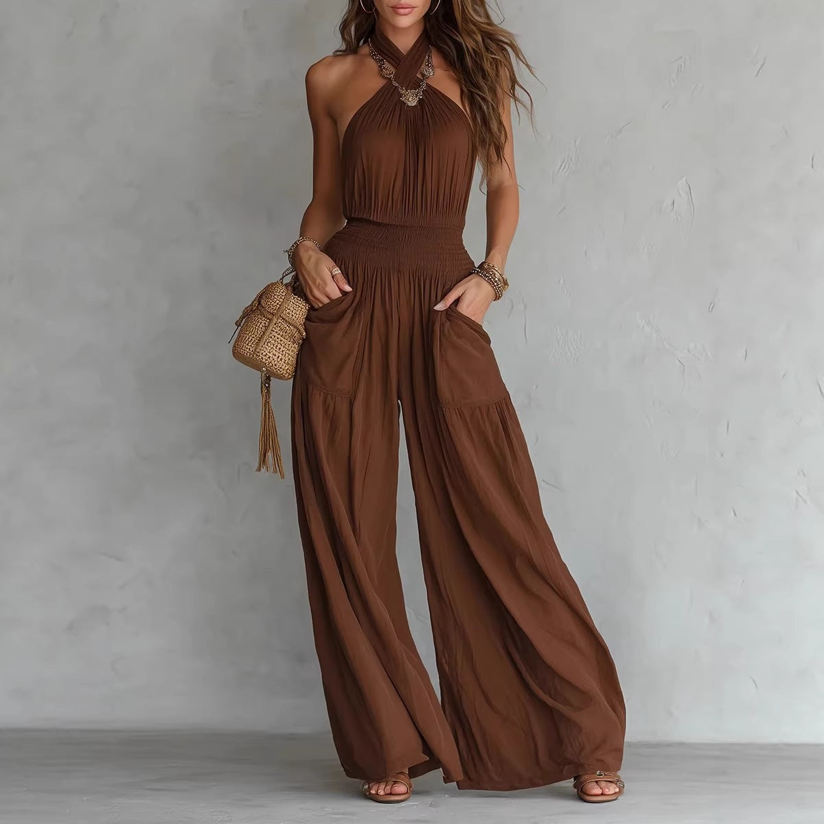 Bohemian Backless Wide Leg Jumpsuit with Pockets