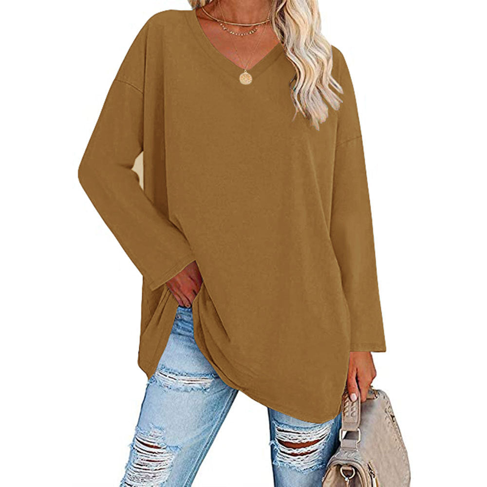 Oversized V-Neck Drop-Shoulder Casual Cotton T-Shirt