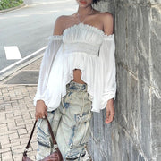Off-shoulder Pleated Ruffled Slim Fit Lantern Long Sleeve Halter Top Women