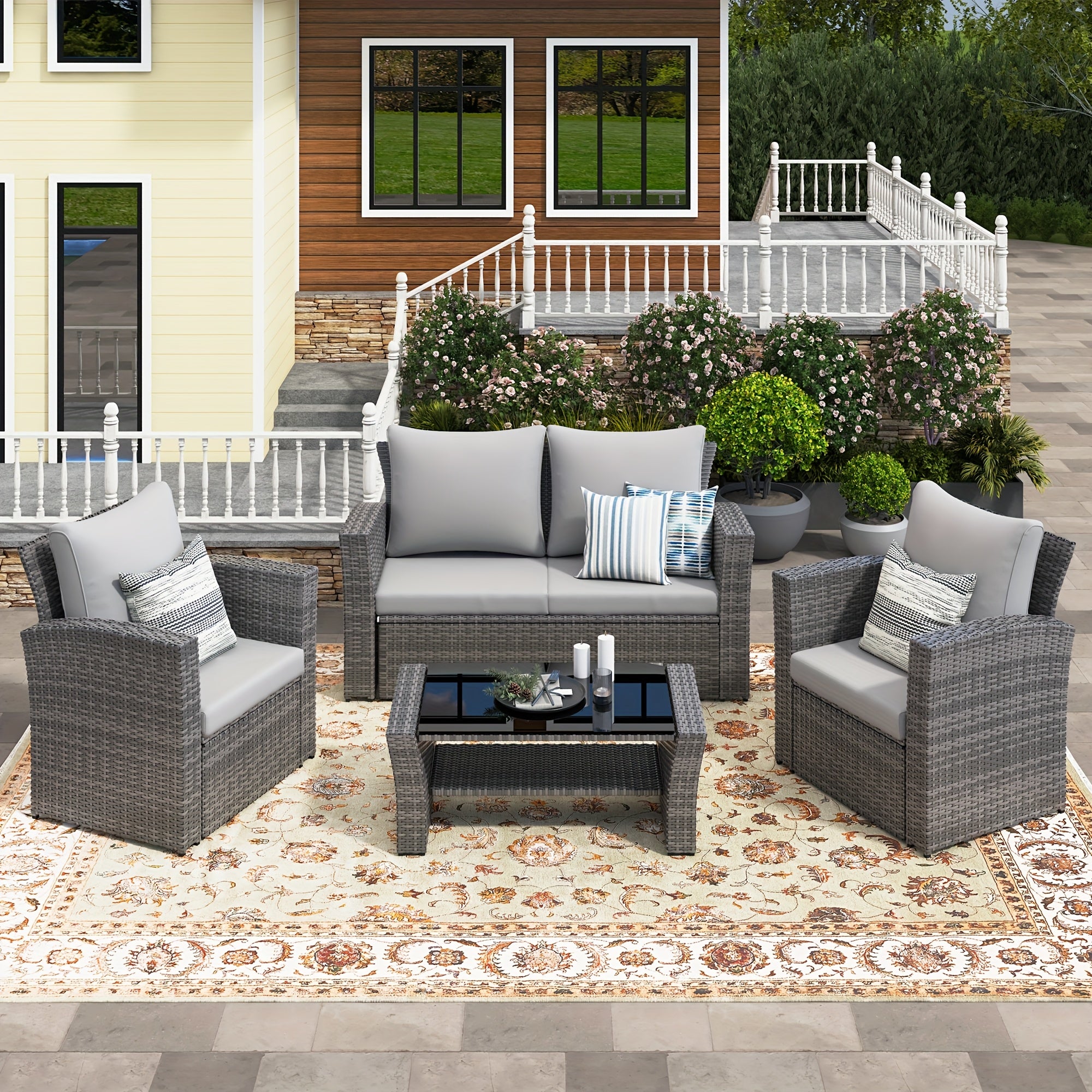 Patio Furniture Sets 4pcs Outdoor Wicker Sofa, Waterproof, UV, Wear-Resistant PE Rattan, Handmade, Modern Simple Courtyard Furniture, Suitable for Patio, Villa, Balcony, Tavern, Swimming Pool