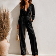 Womens V-neck Long-sleeve Satin Jumpsuit
