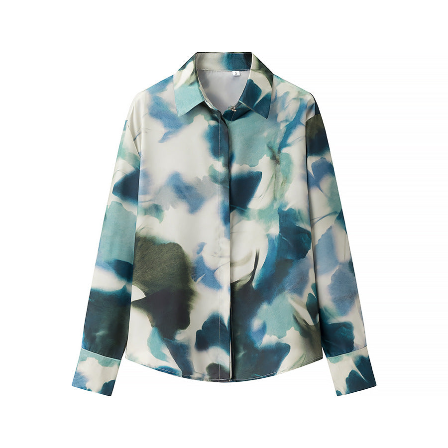 French Fashion Printed Satin Texture Shirt For Women