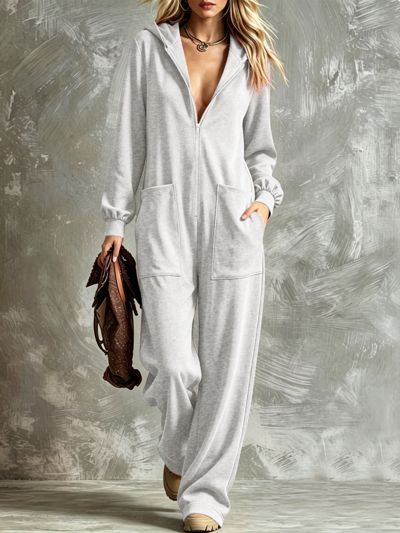 Casual Hooded Full-Zip Jumpsuit Sweatpants