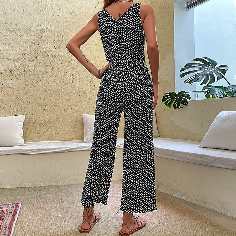 European And American-style Casual Sleeveless Leopard-print Jumpsuit