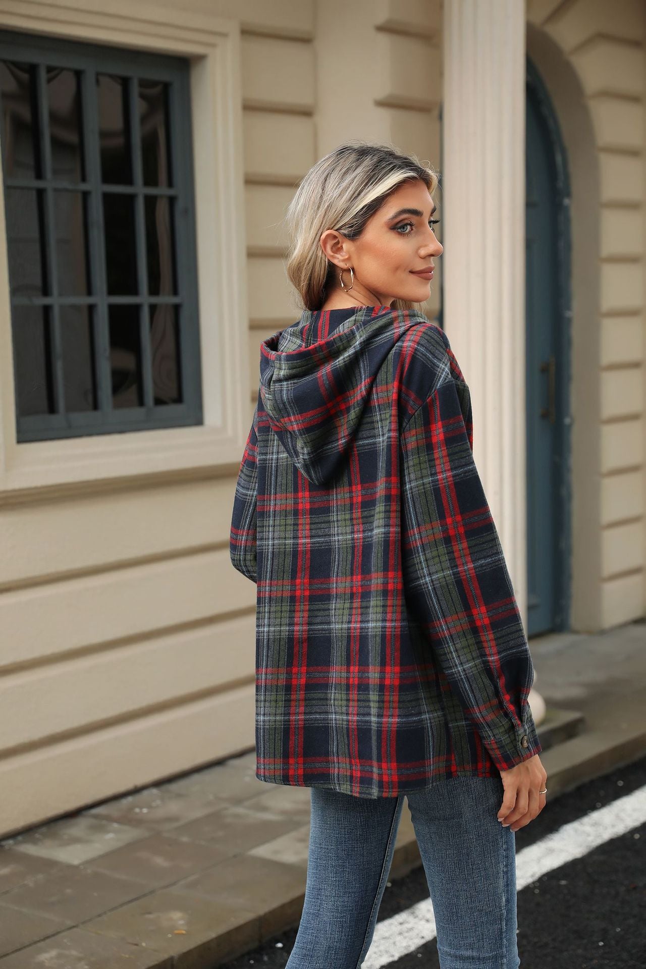 Women's Plaid Button Hoodie Loose Long Sleeve Sweatshirt
