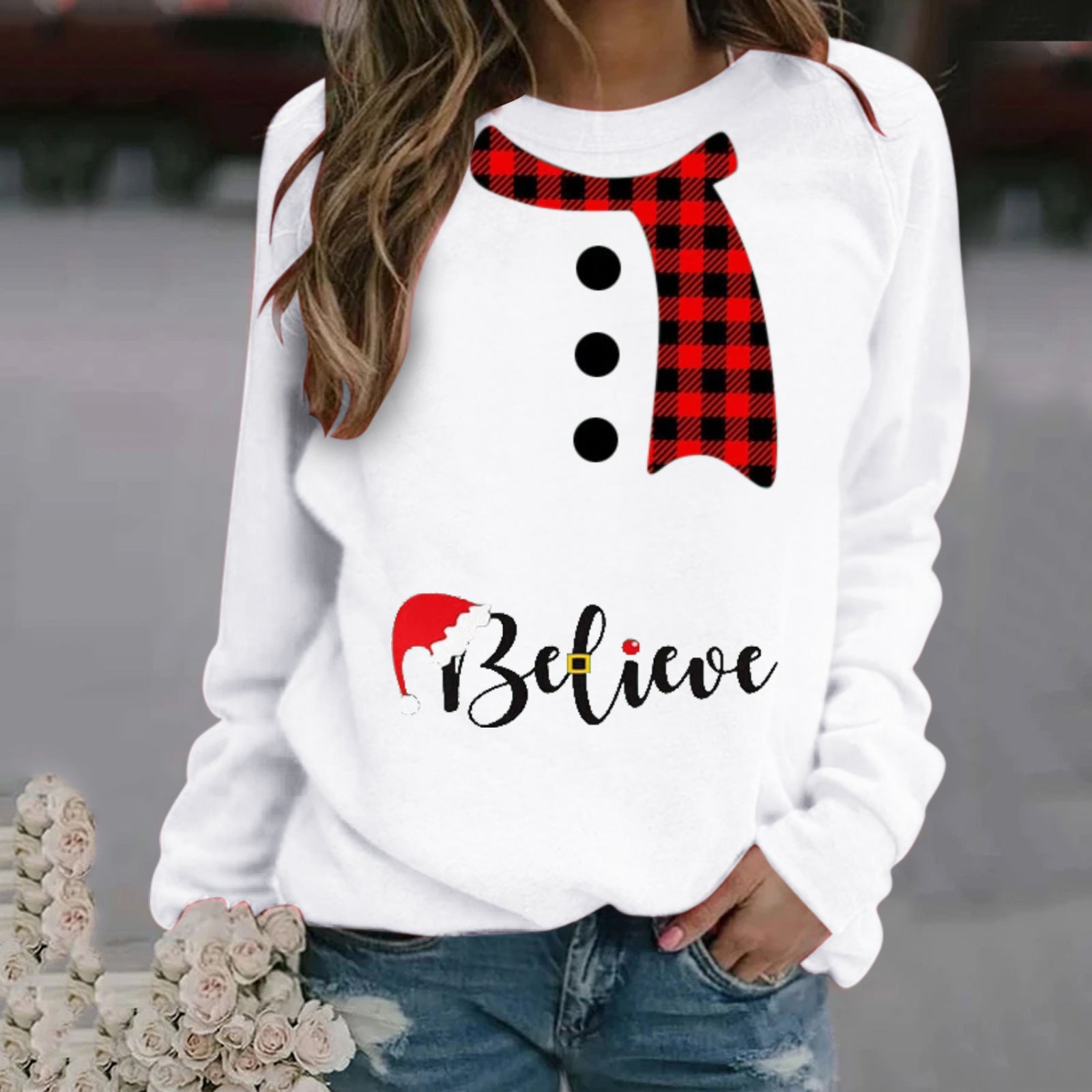 Women's Festive Christmas Print Long Sleeve Crew Neck Sweater