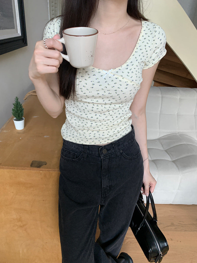 Floral Bow Short-Sleeve Scoop Neck Tee